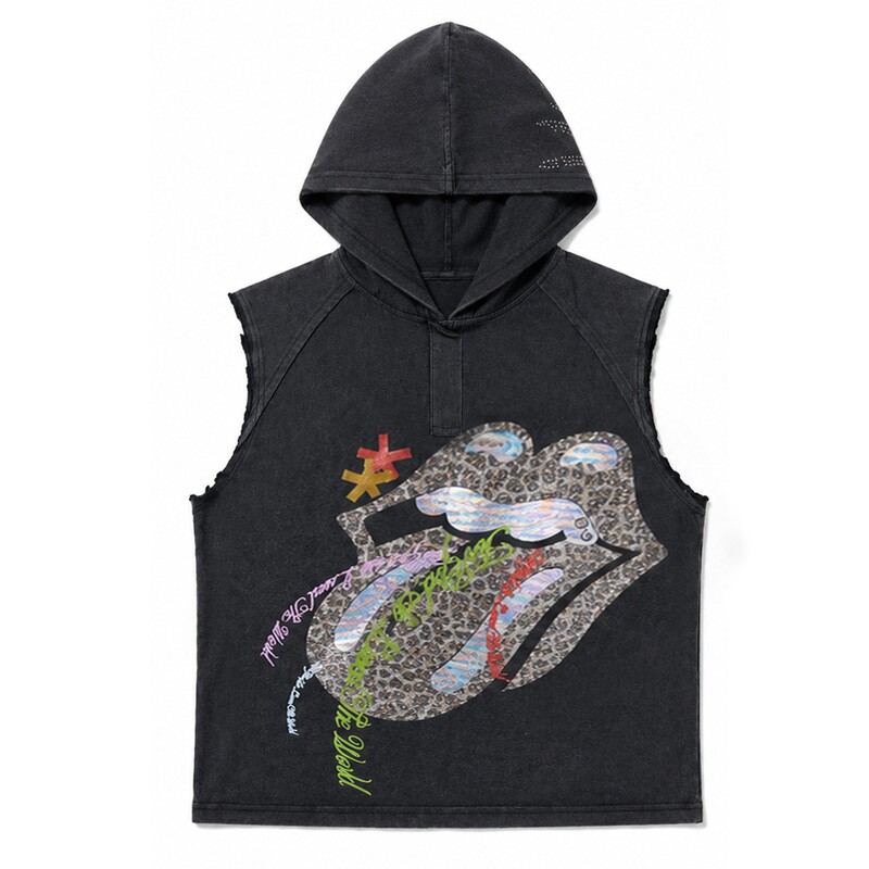 Paiki Leopard Print Tongue Rolling Stone Glitter Hot Stamping Silver Rhinestone Hooded Vest Washed Street Summer Trendy Sleeveless Top T-Shirt