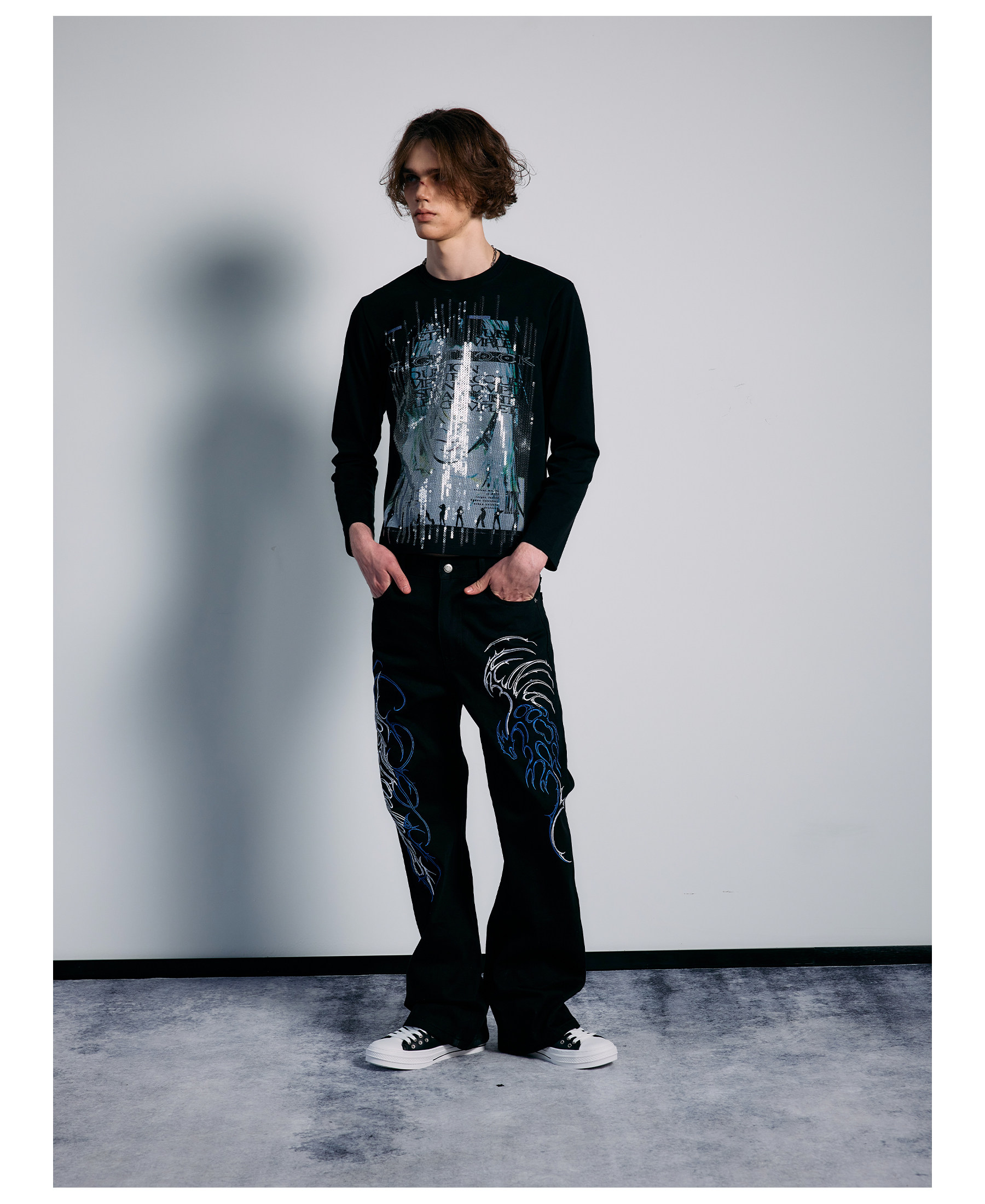 PAIKI Ice Blue Thorn Embroidered 13oz Straight-Leg Jeans