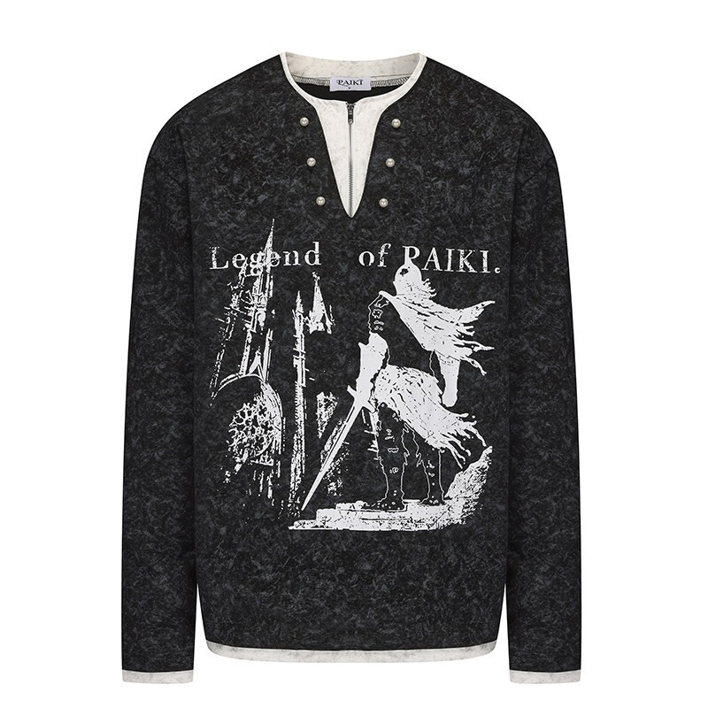 Paiki'Cyrus Empire' Knight's Castle Henry Collar Pearl Button Fake Two-Piece V-Neck Long Sleeve T-Shirt for Men