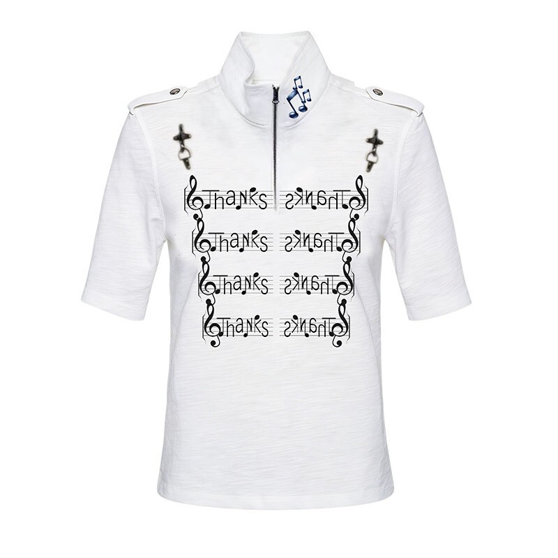 Paiki Cyber Music Notation Stand Collar Mid-Sleeve Henry Collar Slim Fit Light Subculture Summer Casual Style Short-Sleeve Unisex T-Shirt
