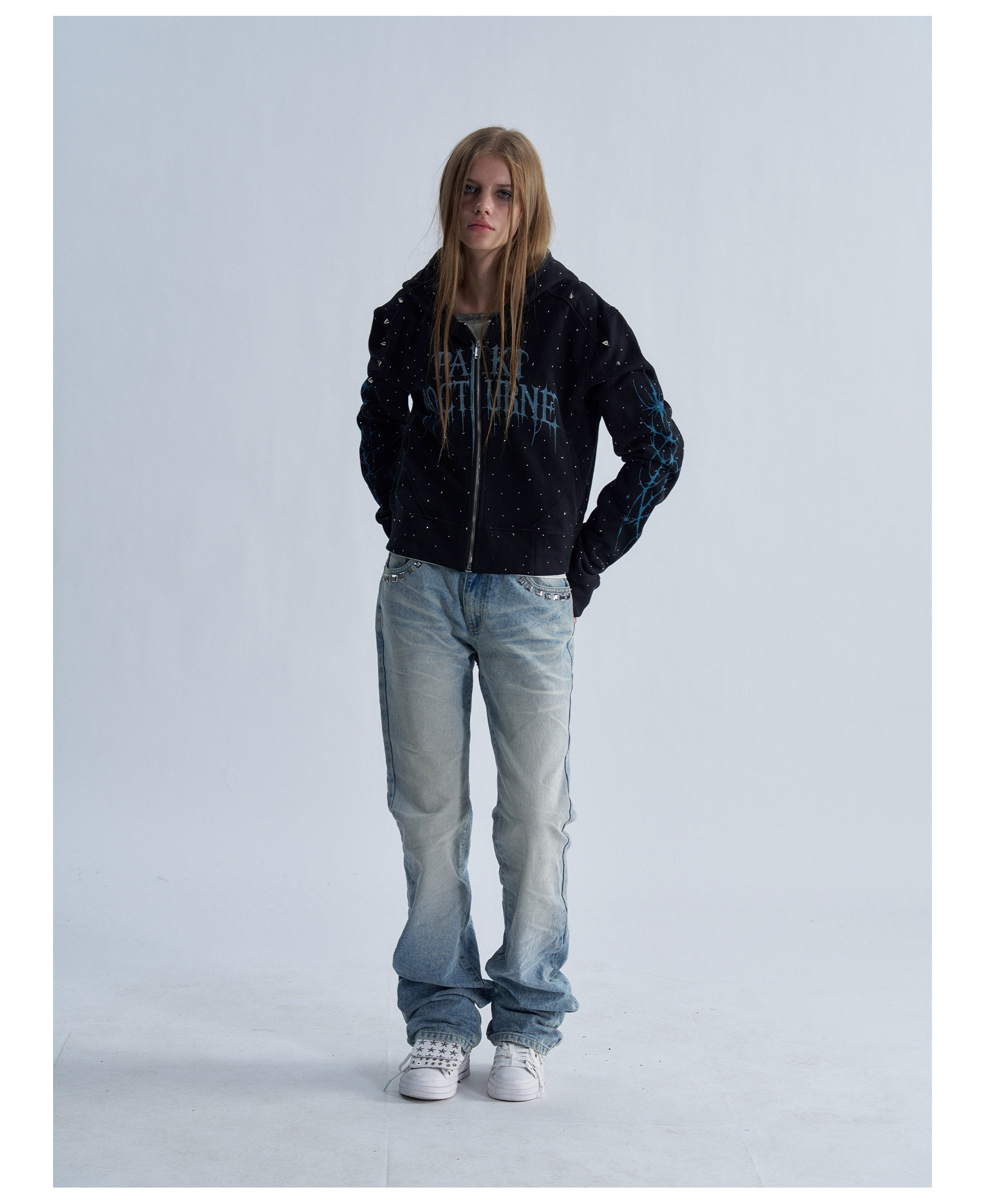 PAIKI Starry Sky Thorn Rhinestone Zip-Up Sweatshirt
