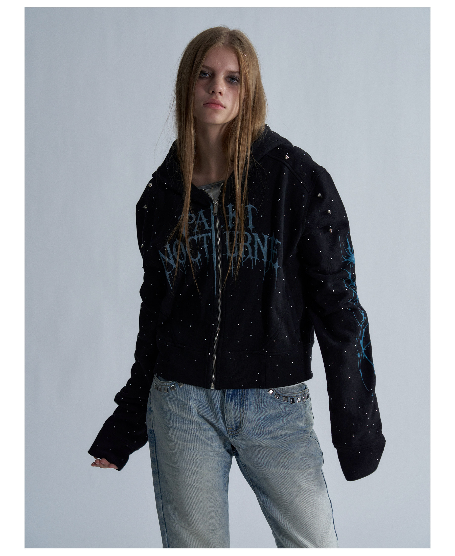PAIKI Starry Sky Thorn Rhinestone Zip-Up Sweatshirt