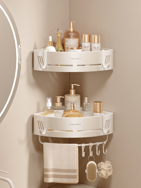 Youqin Bathroom Shelf, No-Drill Corner Triangle Basket in Milky White for Toilet Storage and Shower Gel Holder