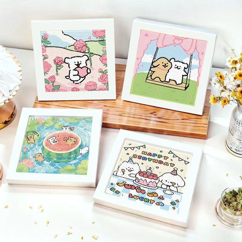 Line Art Puppy Series Diamond Painting DIY Handmade Paste Decoration Painting for Children and Students Educational Display Rose Puppy