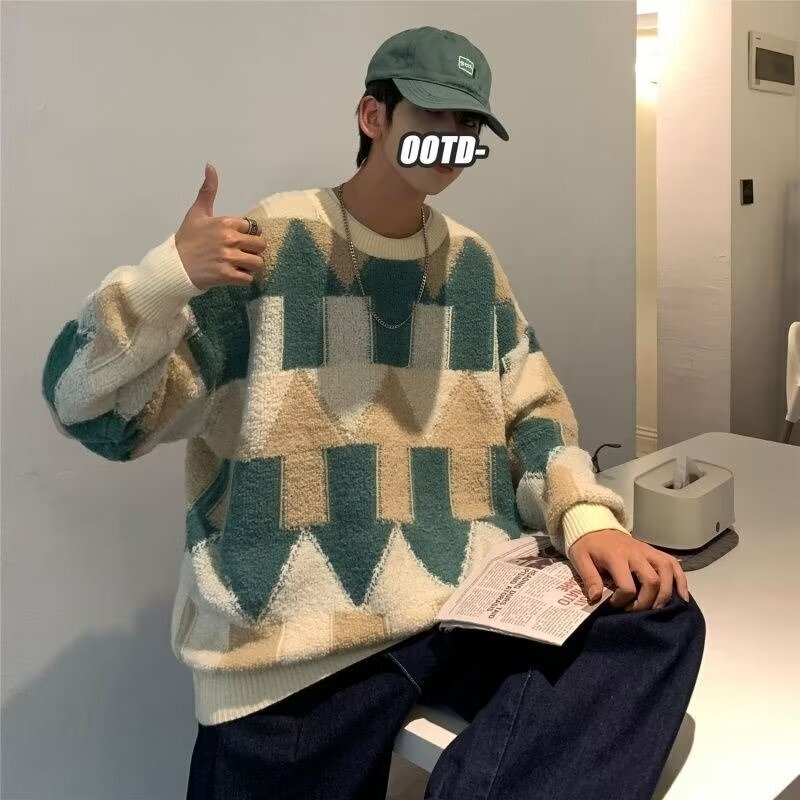 New Spring and Autumn Hip-Hop Color-Block Arrow Jacquard Knit Sweater, Loose-Fitting Casual Couple's Lazy Style Sweater for Men, Fashionable New Spring and Autumn Hip-Hop Color-Block Arrow Jacquard Knit Sweater, Loose-Fitting Casual Couple's Lazy Style Sweater for Men, Fashionable