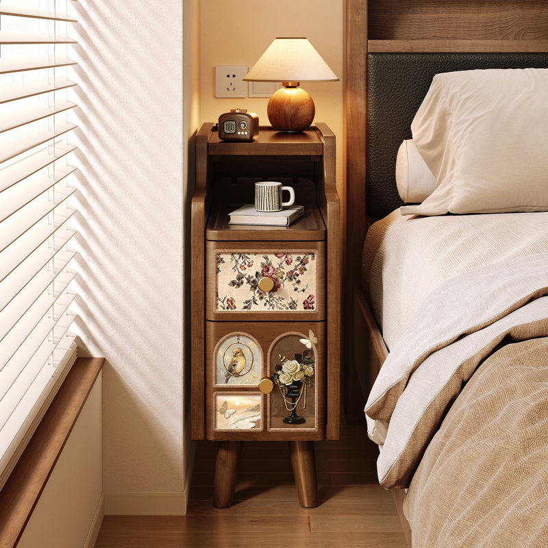 French-Style Mid-Century Solid Wood Bedside Table for Home Bedroom, Small and Extremely Narrow, 20cm 30cm Gap Storage Cabinet French-Style Mid-Century Solid Wood Bedside Table for Home Bedroom, Small and Extremely Narrow, 20cm 30cm Gap Storage Cabinet