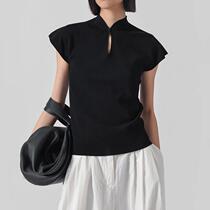 New Chinese style small flying sleeve knitted T-shirt stand collar niche design black retro short-sleeved top B052