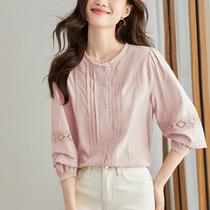 2024 Autumn French Sweet Retro Long Sleeve Shirt Womens Top Lace Hollow Splicing Shirt