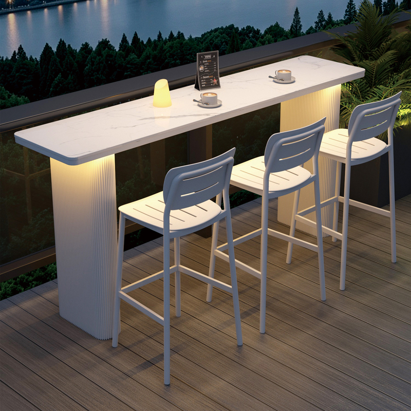 Outdoor Slate Bar Table, Open-Air Coffee Shop Patio Leisure High Table and Chair Set, Waterproof and Sun-Resistant Long Table