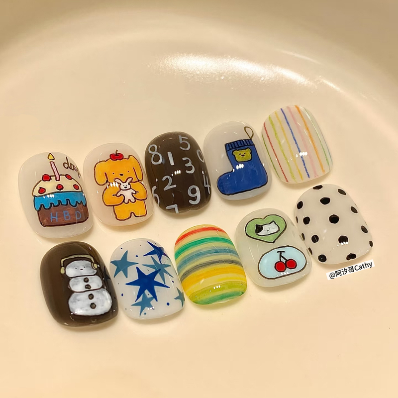 Purely Handmade Short Fake Nails with Hand-Painted Cute Cartoon Puppies, Detachable 3D Fake Nail Patches, Finished Nail Art