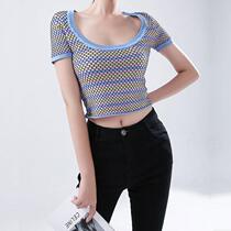 Summer womens thin tops short slim-fitting ice silk T-shirts hot girl style navel-baring tight-fitting short-sleeved sweaters