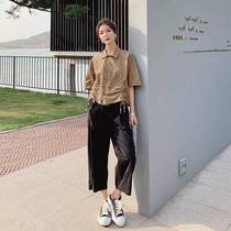 Summer casual short-sleeved shirt and nine-quarter pants two-piece suit Korean style loose large size fashionable short-sleeved mid-length style