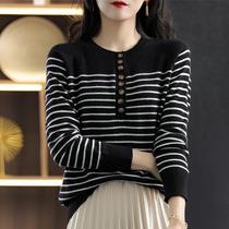 Pure cotton half buttoned sweater feminine round neck striped bottoming shirt spring and autumn thin sweater cotton top