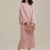 French high weight loose round neck lazy style pink sweater womens 2024 spring and autumn new sweater