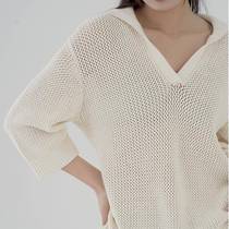 Summer womens mesh hollow thick pullover navy collar loose lazy casual light knitted top for women