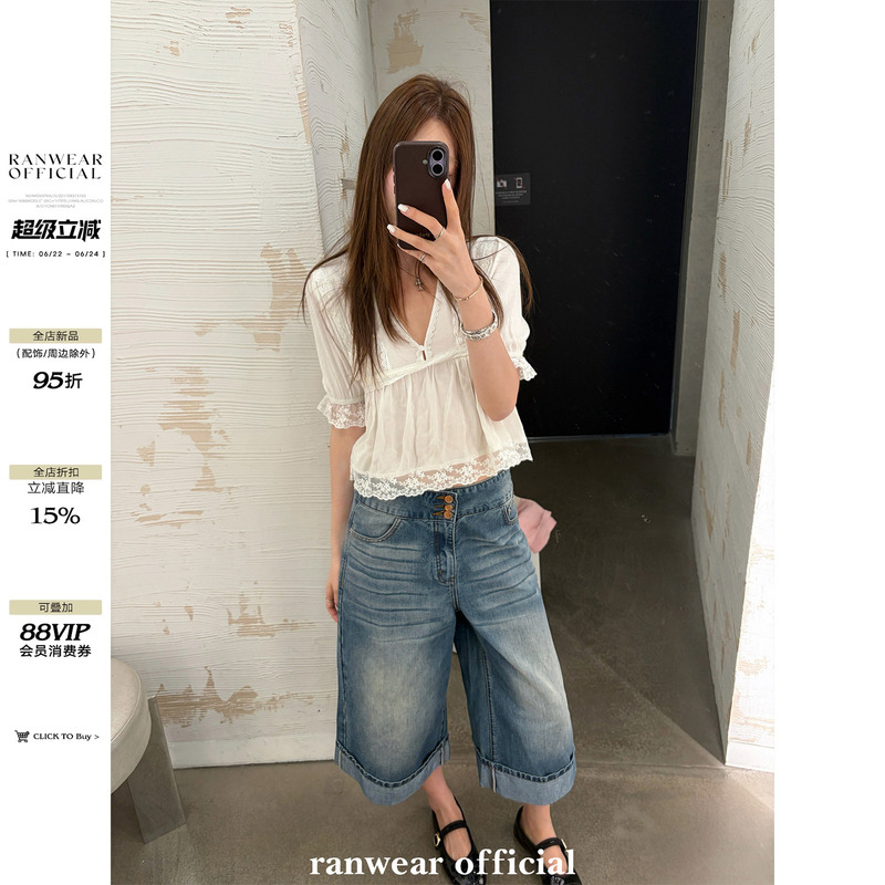 Ranwear'Divine Denim' Fashionable Washed Vintage Distressed Whiskered Denim Cropped Jeans with Folded Legs and Loose Fit Ranwear'Divine Denim' Fashionable Washed Vintage Distressed Whiskered Denim Cropped Jeans with Folded Legs and Loose Fit