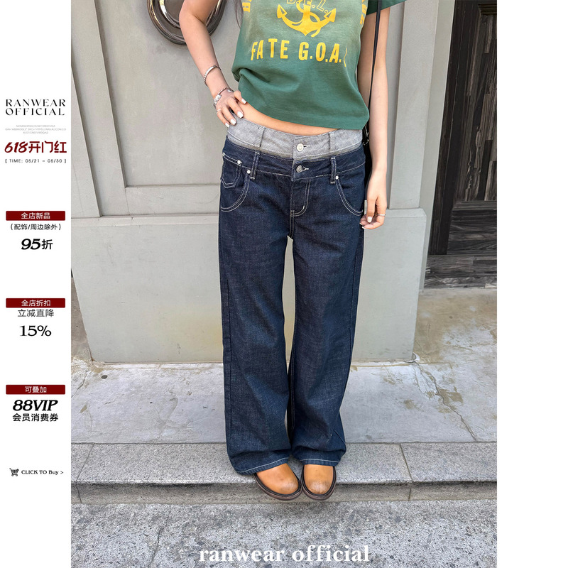 Ranwear'New York Street Style' Fashionable Design Color-Blocked Waistband Loose Wide-Leg Pants Versatile Jeans
