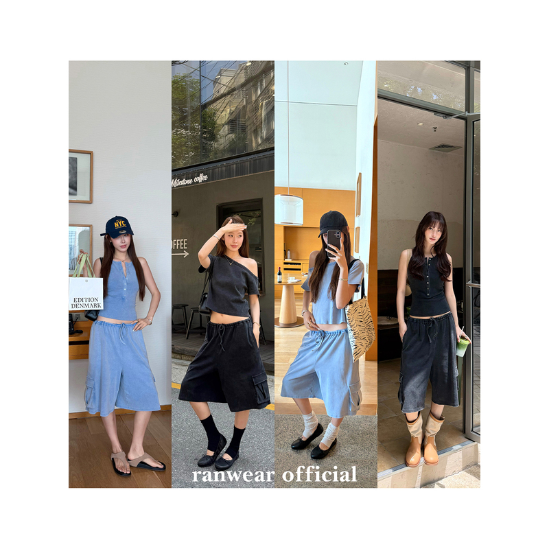 Ranwear Is Super Heavy-Duty! 'Personality Statement' Asymmetrical Shoulder Color-Blocked Button T-Shirt and Workwear Pocket Shorts Two-Piece Set