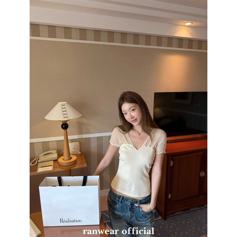 Ranwear'Beautiful Dream' High-End Draped V-Neck Mesh Patchwork Lightweight Satin-Like Fashionable Blouse