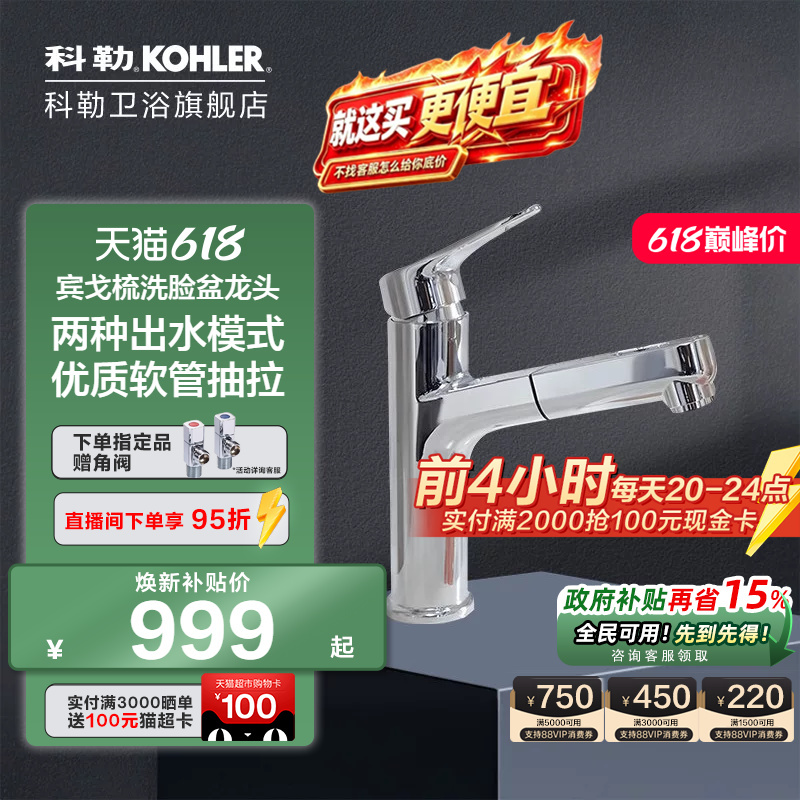 Kohler Pull-Out Basin Faucet Bathroom Hot and Cold Dual Outlet Faucet 33070t