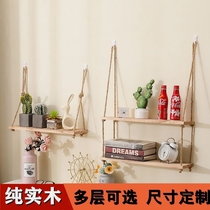 No punching hemp rope one-word partition solid wood bookshelf wall decorative shelf laminate living room custom wall-mounted storage rack