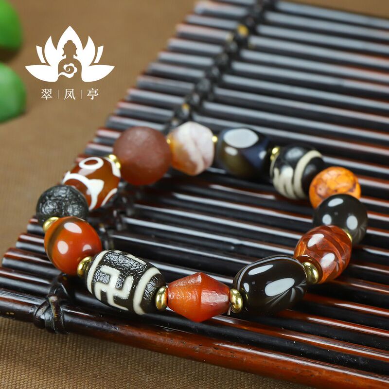 Natural Tibetan Three-Eyed God of Wealth Tiger Tooth Raw Stone Bracelet, Fortune-Enhancing Dzi Beads, Multi-Gemstone Agate Genuine Men's and Women's Bracelet