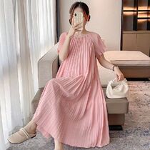 Beige Pink Sunmer Pregnant Woman Pleated Dress Plus Size Mat