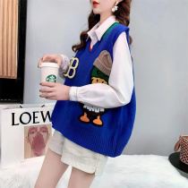 V-neck sweater vest womens coat spring and autumn college style knitted vest outer wear new student loose outer vest