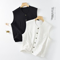Single-breasted V-neck vest vest terry cotton outer wear wide shoulder pocket vest loose spring and autumn sleeveless top