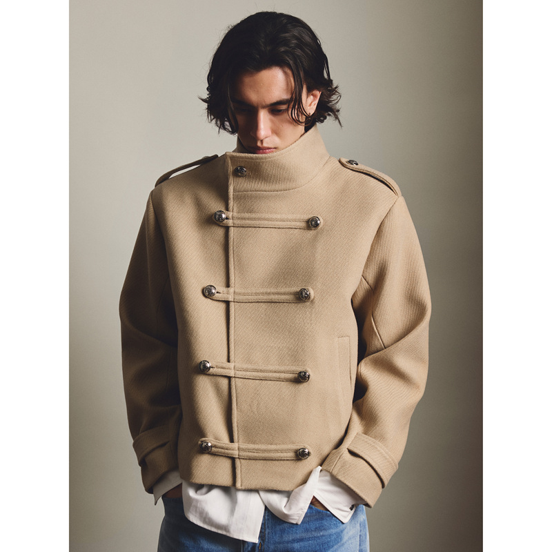 Stay the Night Napoleon Tree-Patterned Woolen Jacket with Diagonal Placket, Embroidered Double-Breasted Design, and Stand-Up Collar