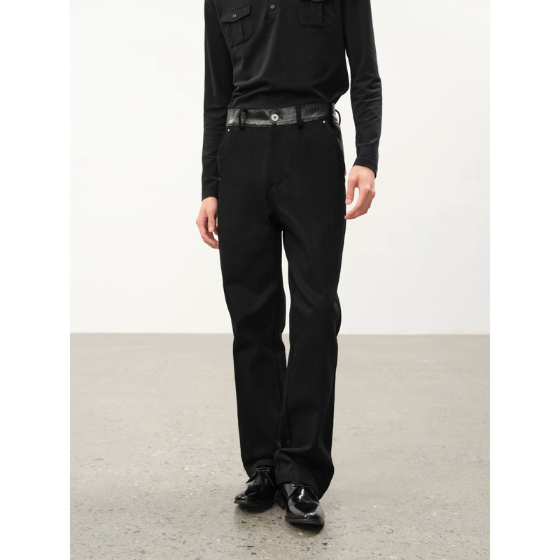 Stay the Night Crocodile Embossed Leather Patch Paris Buckle Slim Fit Black Denim Pants