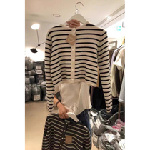 New high-end Korean Dongdaemun 2024 spring new versatile short round neck long-sleeved striped knitted cardigan wool