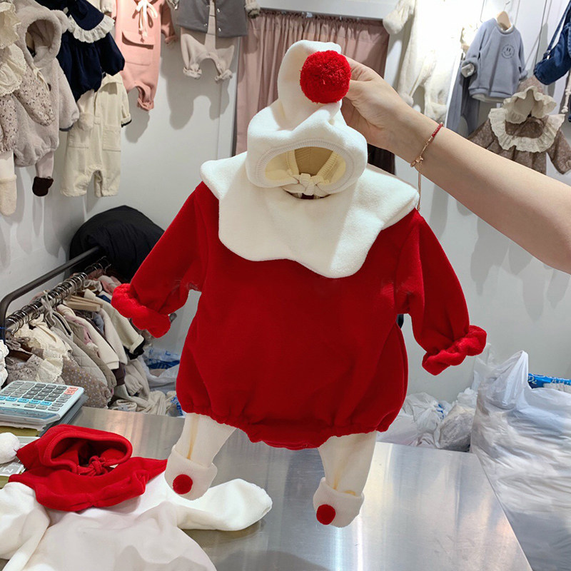 South Korean children's clothing baby winter clothing two style suits of the year to the festive red plus suede baby over the New Year's clothes