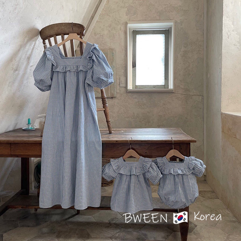 South Korean children's clothing online red-kissed female dress checkered female dress checkered female foam Bubble Sleeves Skirt Baby One-piece Suit