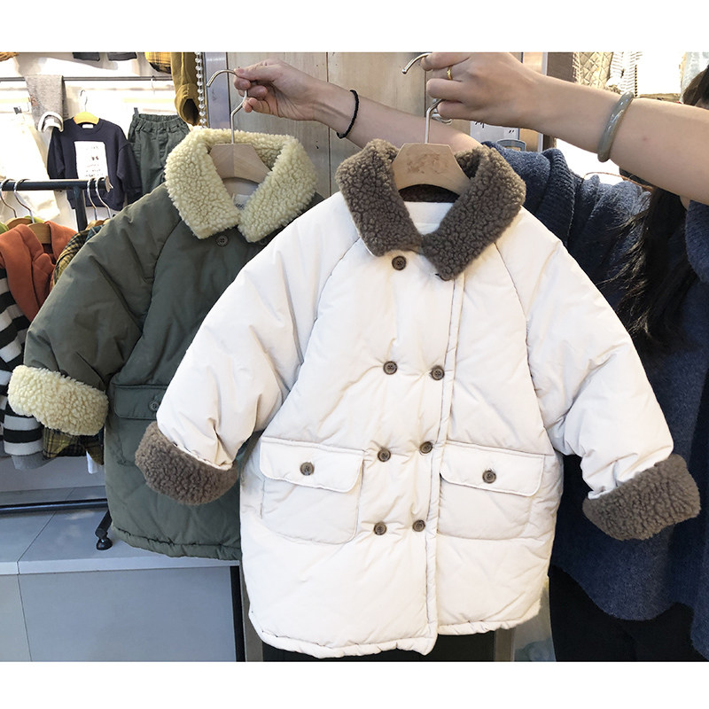 South Korean children's clothing 2021 autumn and winter male and female cotton clothing warm double-row buttoned lamb suede collar loose cotton coat jacket