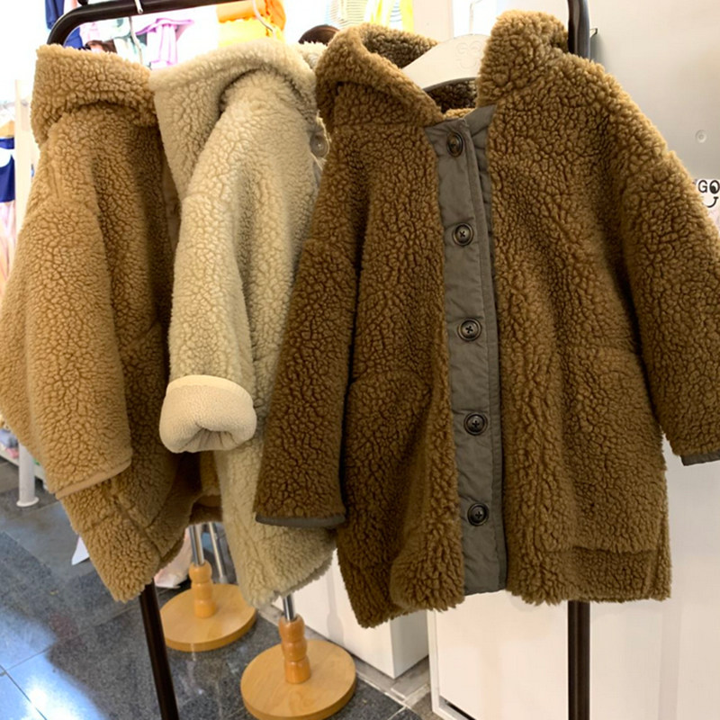 South Korean children's clothing children lamb wool jacket 21 Winter medium long version Korean version of the Korean version of male and female children's clot cotton jacket