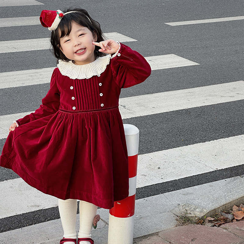 Girl's red dress winter foreign air New Year clothes New Year clothes women's baby Baobao Children's velvet skirt-Taobao