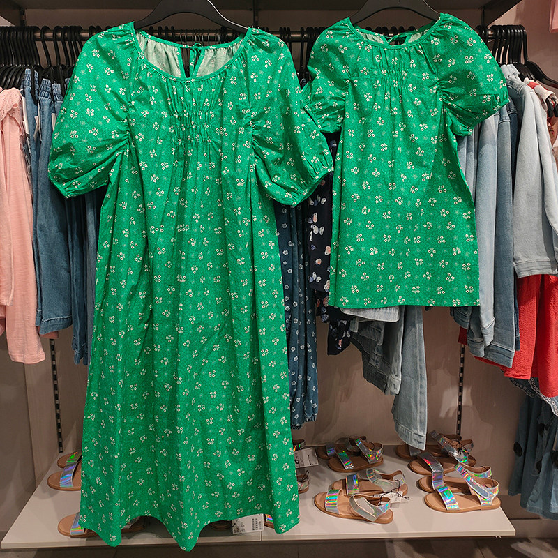 Girl Shattering Ocean Dress 2022 Summer Money South Korea Children's Dress Kiss Woman Dress Foam With Bubbly Sleeves Green Long Dress