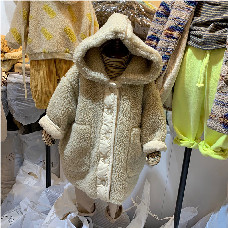 South Korean boy dress male and female child medium long version of lamb fur coat 21 autumn winter new plus suede Korean version plush