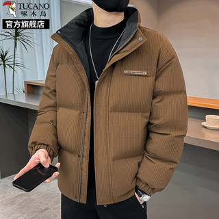 啄木鸟肌理感羽绒服男冬季2025新款保暖加绒加厚立领面包服外套K