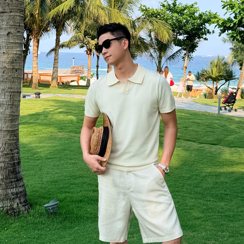 C / Cornelya Leisurely Summer'Cool and Silky Soft Classic Lapel Ribbed Texture Casual Knit Short Sleeve'
