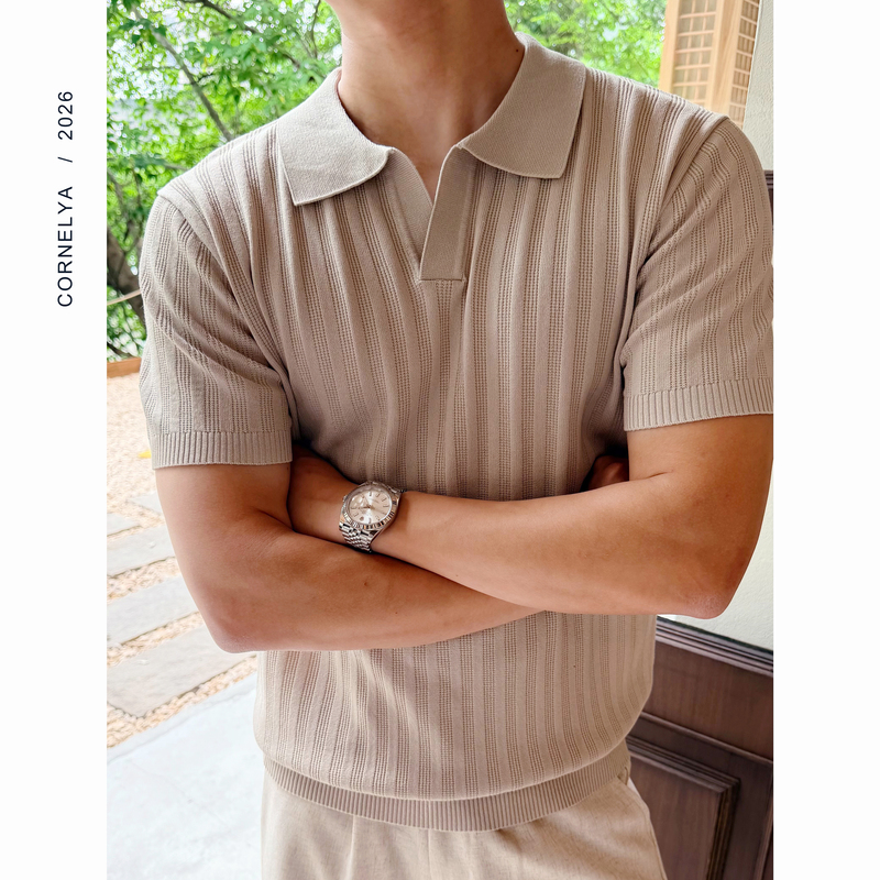 C / Cornelya Textured and Elegant'Old Money' Mature Style Textured Vertical Stripe Breathable Short-Sleeve Knitted Polo Shirt