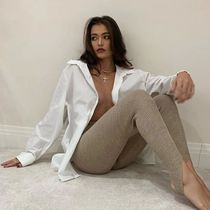 Beige Ribbed Knit Leggings Women High Waist Cotton Fitness B