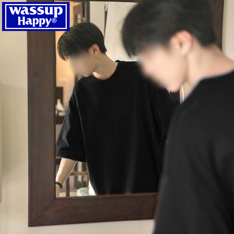 Wassup Happy Solid Color Short-Sleeved T-Shirt for Men, Summer Trendy Loose Fit Versatile Casual All-Cotton Half-Sleeve Tee t Wassup Happy Solid Color Short-Sleeved T-Shirt for Men, Summer Trendy Loose Fit Versatile Casual All-Cotton Half-Sleeve Tee t