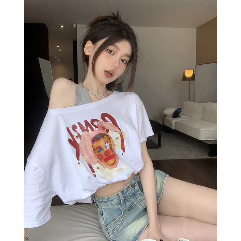 Summer Niche Personality Print Design Unique Fake Two-Piece Loose Short Crop Top Sexy and Stylish T-Shirt for Women Trendy