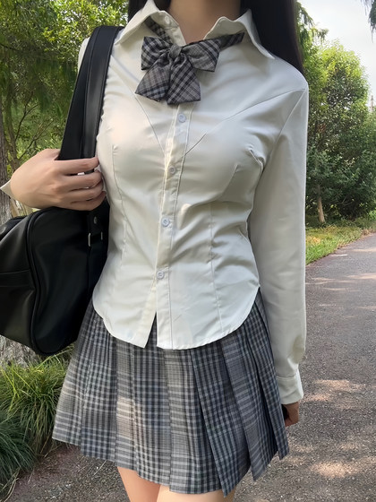 林间萌象学院JK制服小V收腰短袖衬衫原创修身白衬衣原创格裙套装