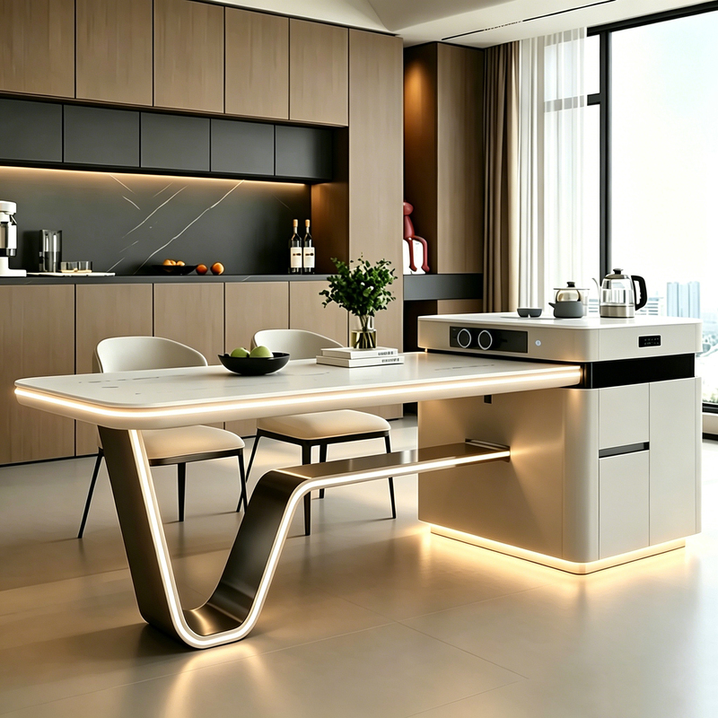 Smart Retractable Island Table with Slate Top for Home Use, Integrated Hot Pot, Heat Preservation, Voice Control, Multifunctional Island