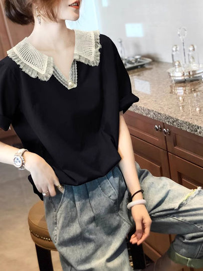 Camisa de manga corta con empalme de encaje francés de estilo ligero y maduro, novedad de verano, top de gasa hueco, transpirable y cómodo con cuello en V