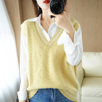 New high-end autumn style college style color block V-neck knitted vest for women sweater vest with shirt and waistcoat for women