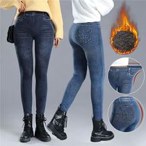 Women Thin Fleece Imitation Denim Pants Sretchy High Waist W